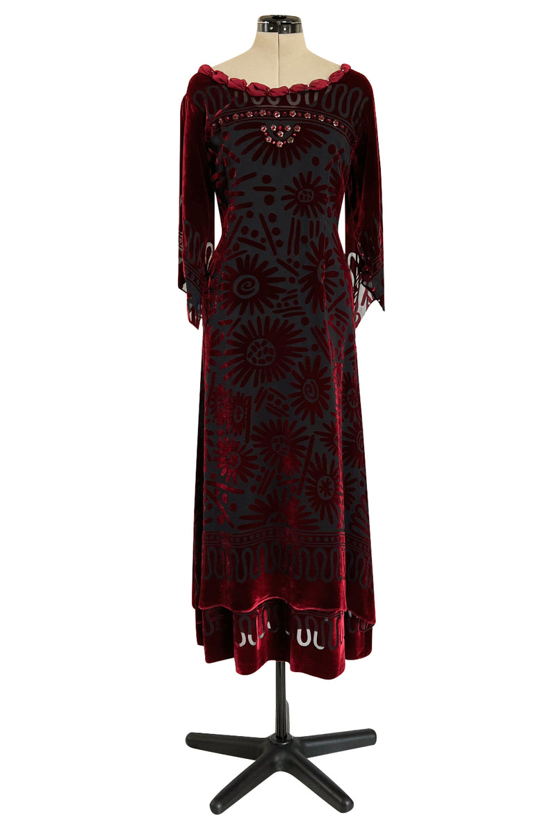 Gorgeous 1980s Zandra Rhodes Deep Red Cut Velvet Caftan Dress w Beaded Detailing