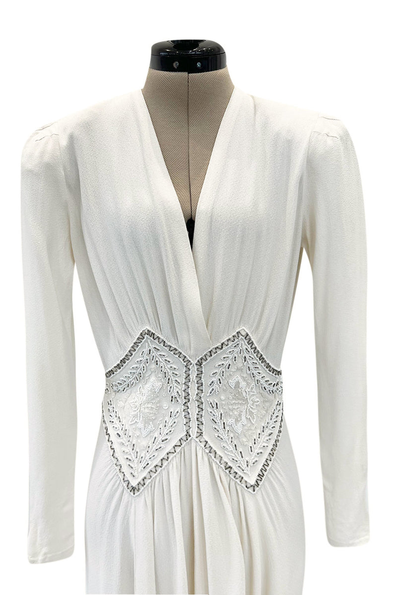 Gorgeous 1930s Off White Moss Crepe Dress w Hand Beaded 'Belt' Detailing