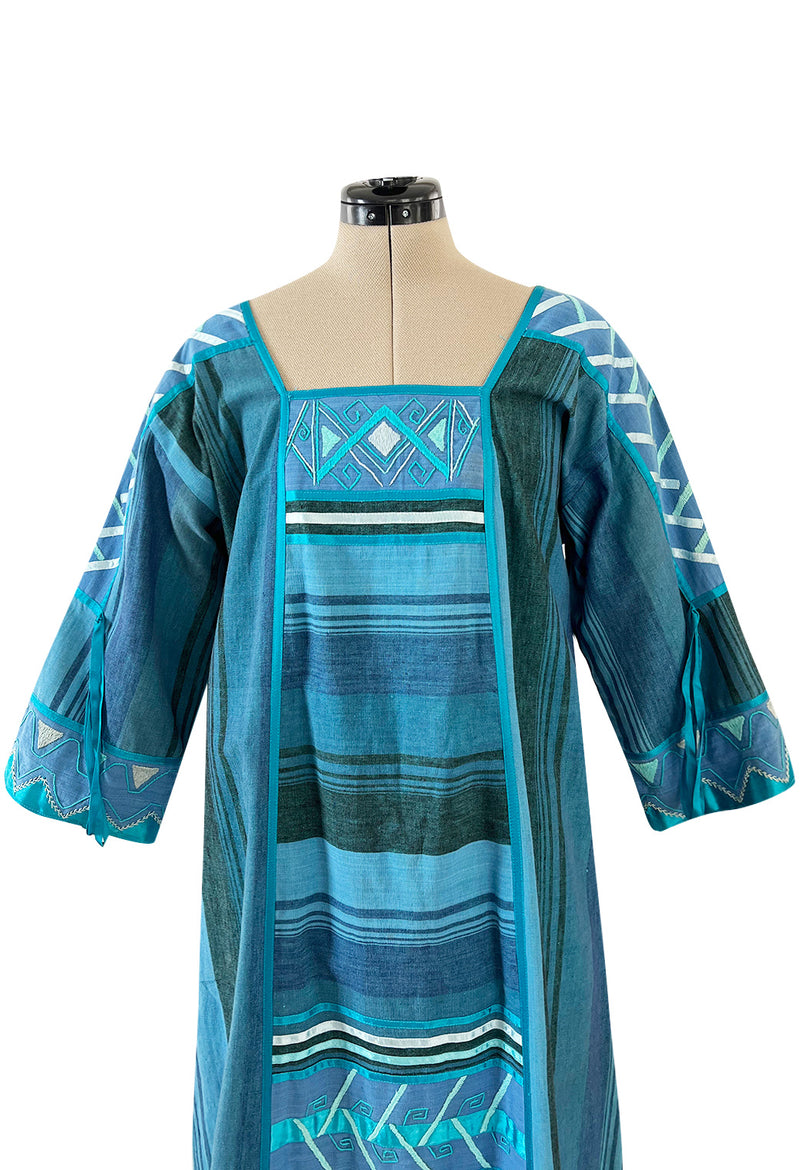 1960s Josefa Hand Made Ocean Blue Caftan Dress w Embroidery & Ribbon D Shrimpton Couture 1960s Josefa Hand Made Ocean Blue Caftan Dress w Embroidery & Ribbon D Shrimpton Couture