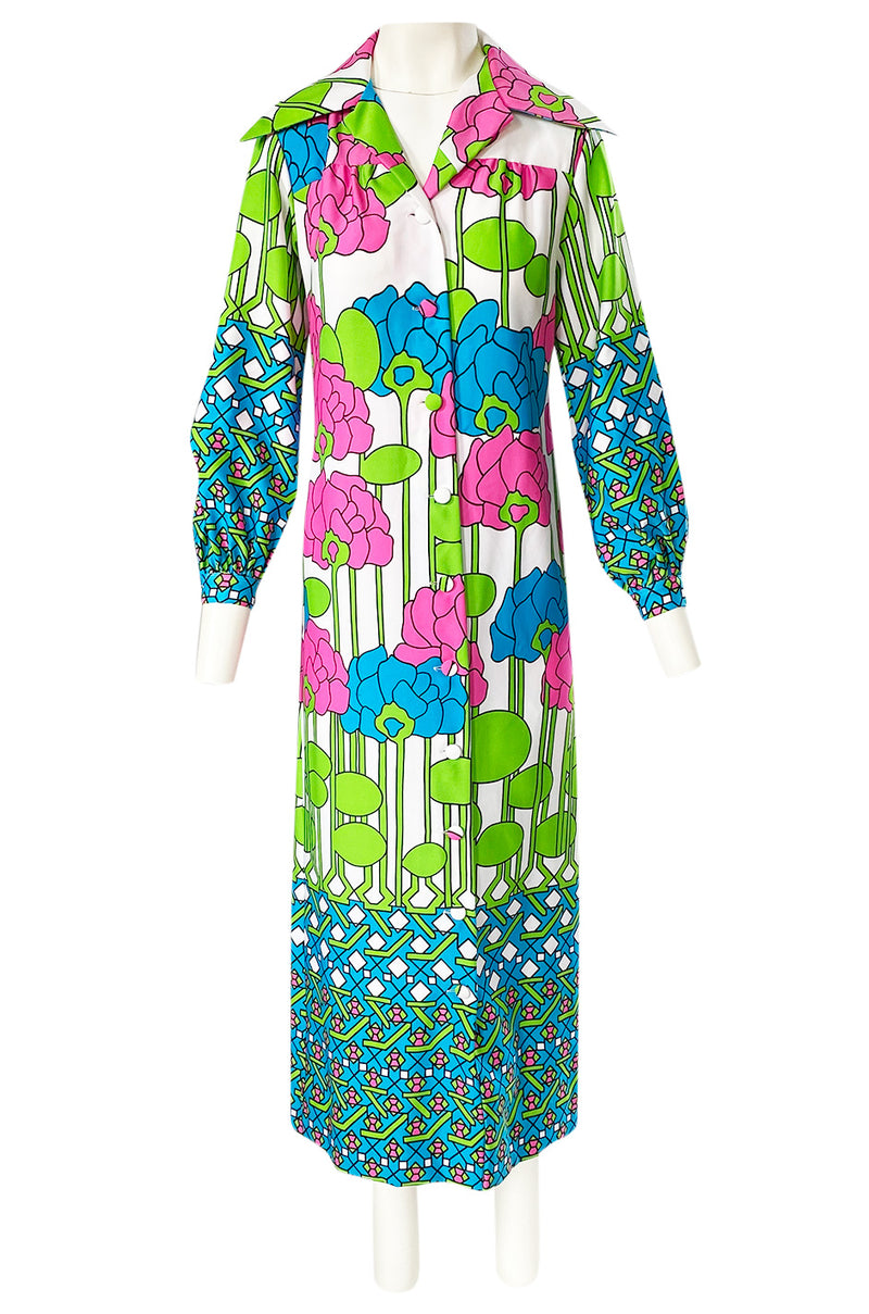 1970s Lanvin Mod Op Art Oversized Floral Print Jersey Shirt Dress