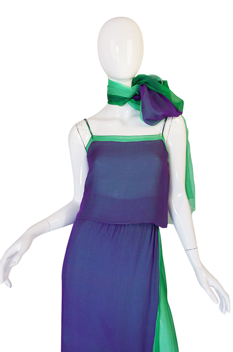 1970s Pauline Trigere Purple & Green Silk Chiffon Set