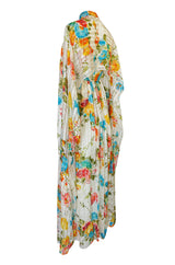 1970s Alfred Bosand Printed Floral Ribbon Silk Gown & Cape