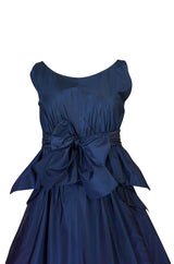 1950s Pauline Trigere Blue Silk Taffeta Cocktail Skirt, Top & Sash