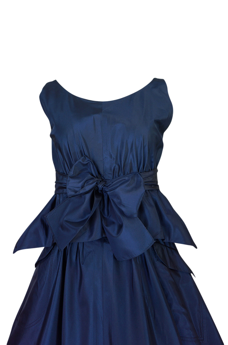 1950s Pauline Trigere Blue Silk Taffeta Cocktail Skirt, Top & Sash