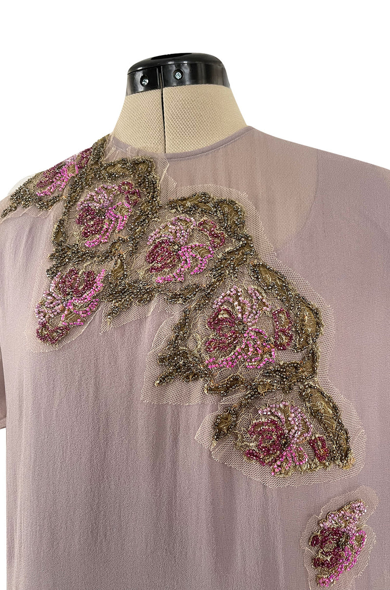 Wonderful Upcycled Vintage Silk Chiffon Top in Lavender w Hand Applied 1920s Detailing