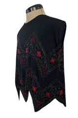 1920s Unlabeled Black Silk Crepe Jagged Hem Top w Hand Beading in Red & Black