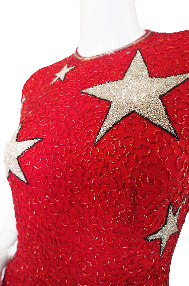 1980s Beaded Red & Silver Stars Dress