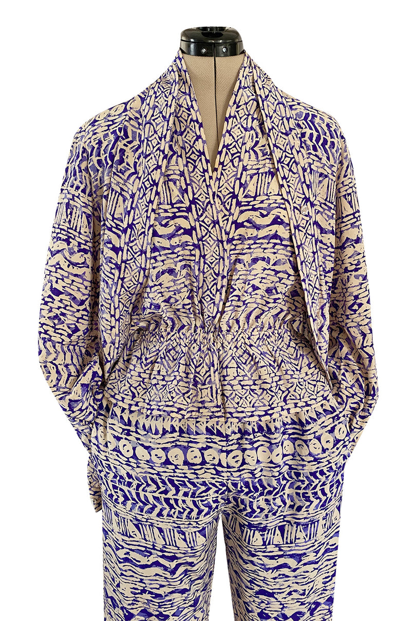 Spring 1981 Halston Three Piece Silk Top Pant & Jacket Set w Purple Colour Block Print