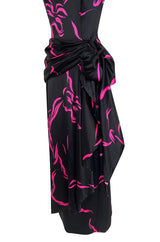 Fall 1985 Unlabeled Ady Couture for YSL Black Silk Hip Swag Dress w Pink Bow Print