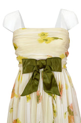 1961 Ferdinando Sarmi Strapless Yellow Floral Print Silk Chiffon Dress w Front Bow Detail