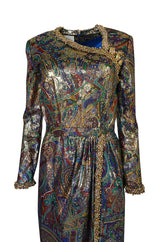 Fall 1990 Oscar de la Renta Printed Metallic Silk Dress w Brass Bell Edging