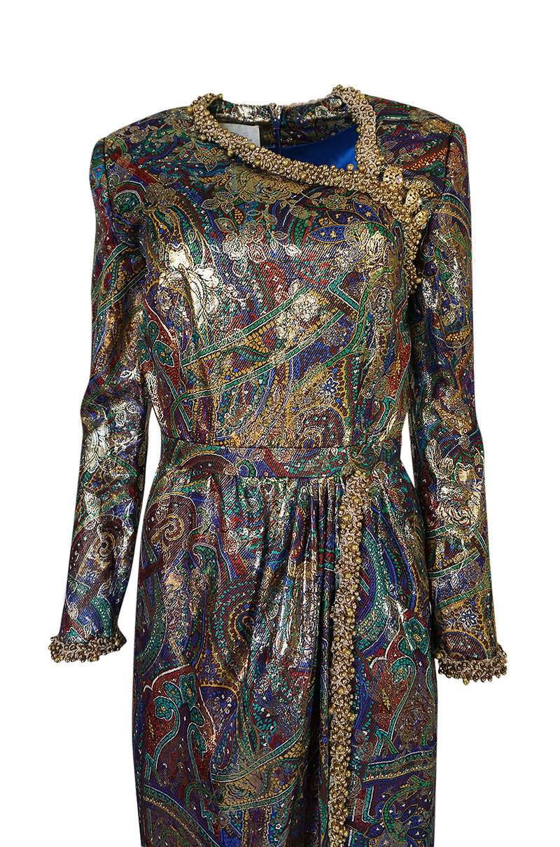 Fall 1990 Oscar de la Renta Printed Metallic Silk Dress w Brass Bell Edging