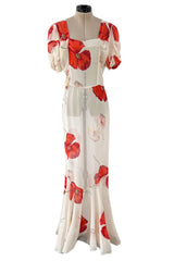 Incredible Numbered 1930s Huge Coral Flower Print Bias Cut Silk Chiffon Ivory Dress