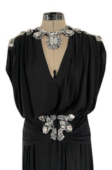 Incredible 1970s Loris Azzaro Black Silk Jersey Dress w Huge Attached Jewel Collar & Jewelled Belt