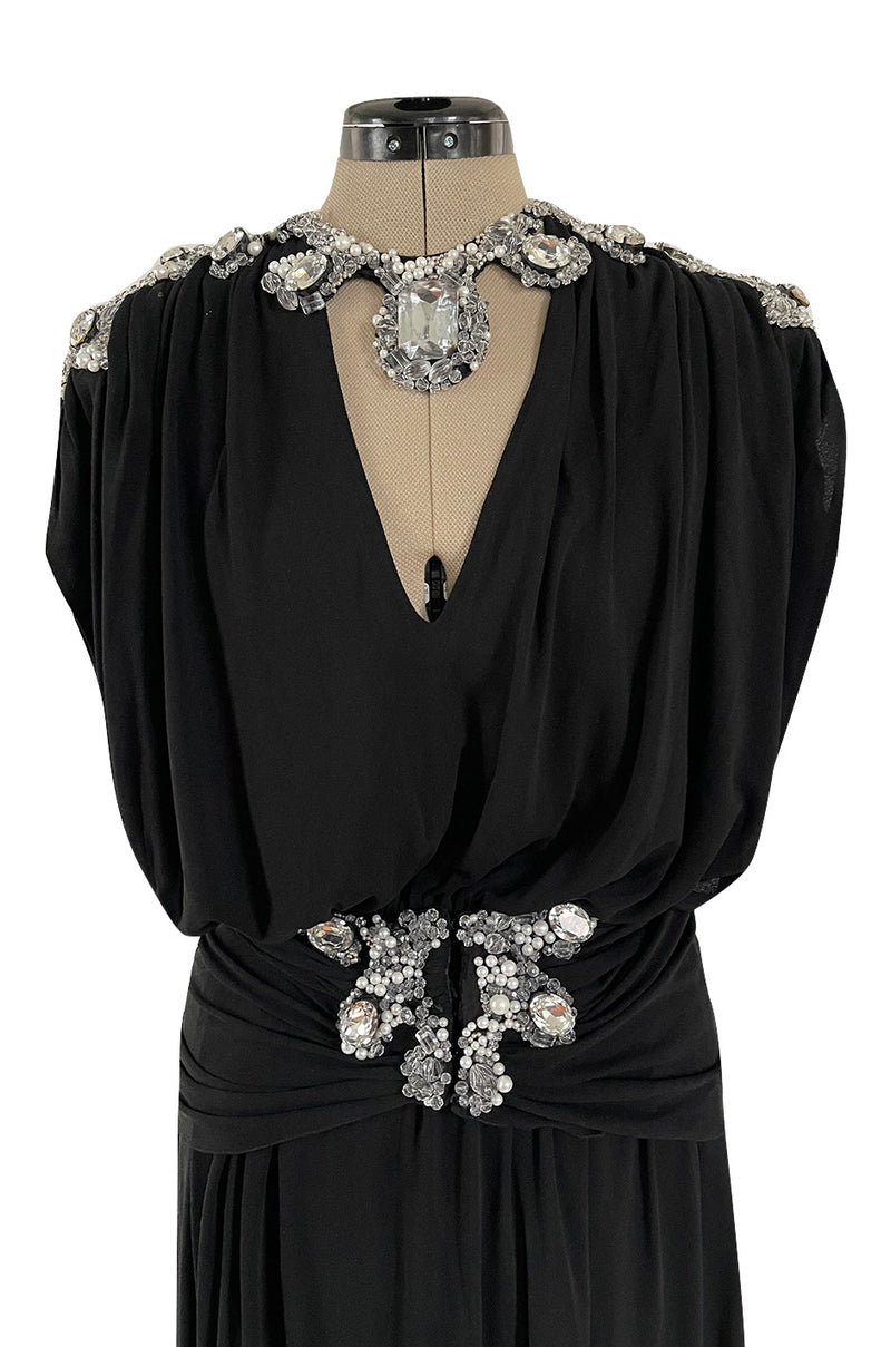Incredible 1970s Loris Azzaro Black Silk Jersey Dress w Huge Attached Jewel Collar & Jewelled Belt