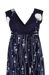 Spring 1977 Hanae Mori Fan & Flower Print Blue Yukata Cotton Dress