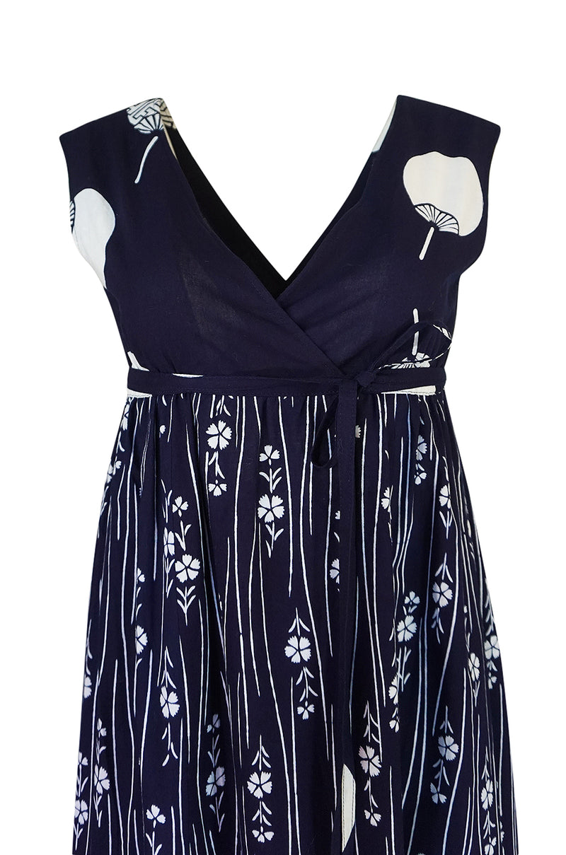Spring 1977 Hanae Mori Fan & Flower Print Blue Yukata Cotton Dress