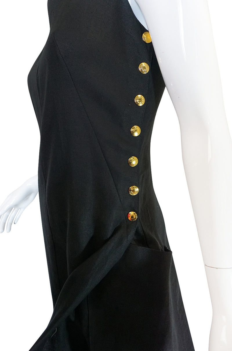 1970s Rare and Chic Hermes Black Linen Wrap Dress