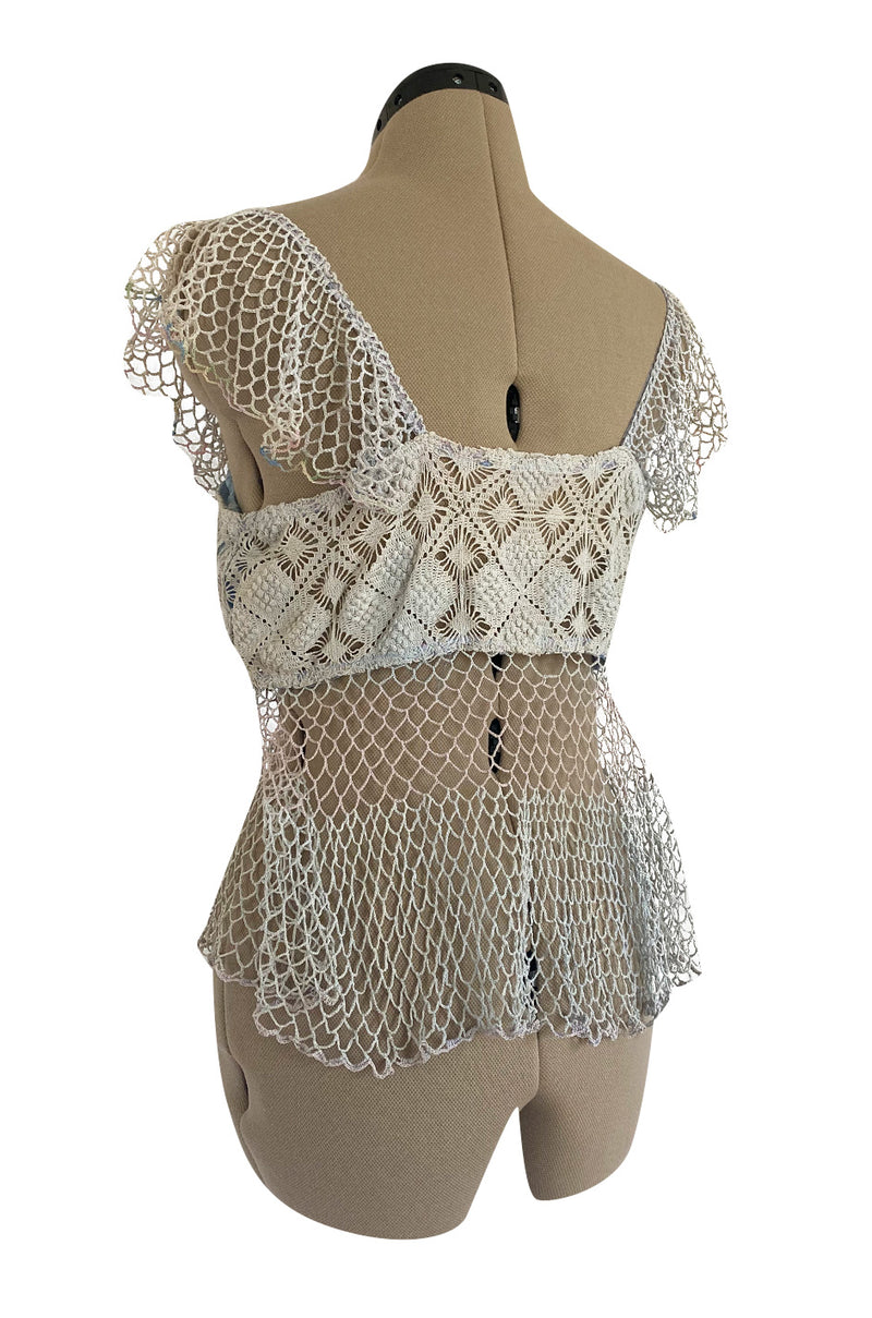 1960s Handmade Crocheted Crop Top in Blue & Pale Pink w Ruffled Cap Sleeve and Body