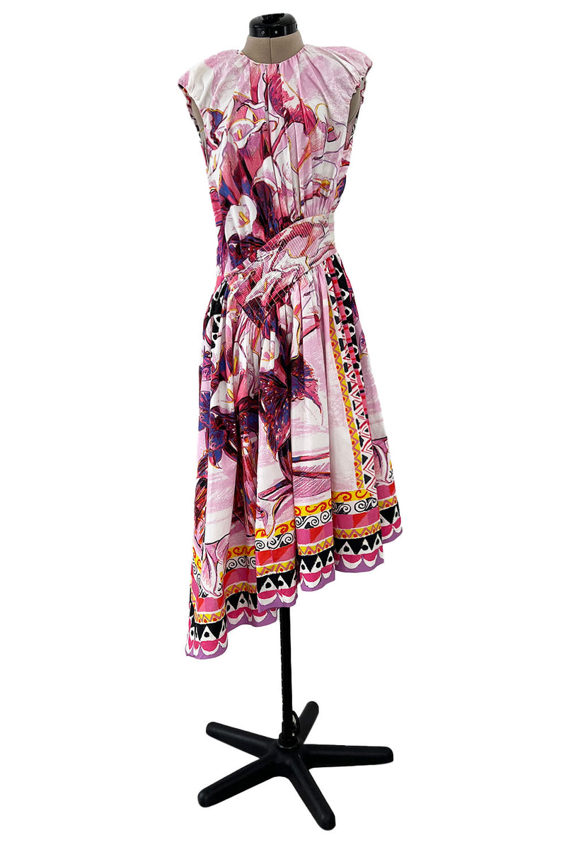 Prettiest Recent Prada Pink Flowerpot Postcard Print Cotton Dress w Asymetrical Hemline
