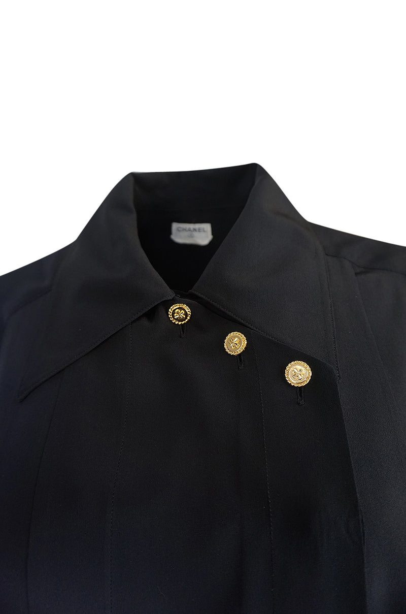 1980s Chanel Black Silk Top w 4 Leaf Clover Gold Buttons