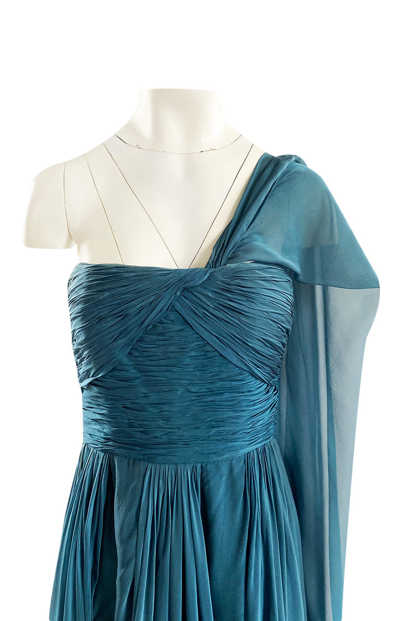 Early 1990s Oscar de la Renta Deep Teal Blue Silk Chiffon Custom Made Dress