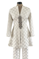 Fabulous 1960s Silver & White Brocade Tunic & Pant Set w Beaded Front Cut Out