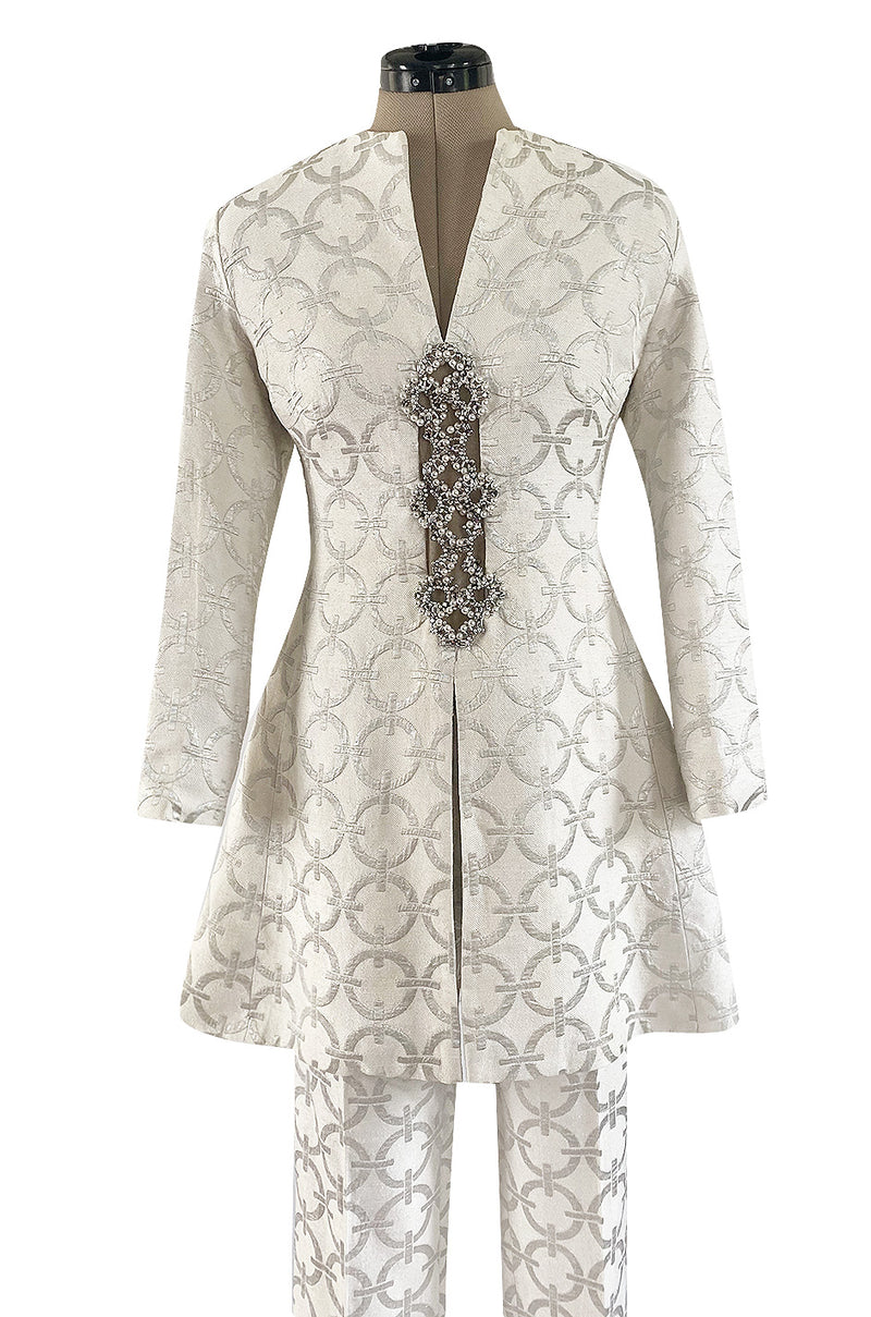 Fabulous 1960s Silver & White Brocade Tunic & Pant Set w Beaded Front Cut Out
