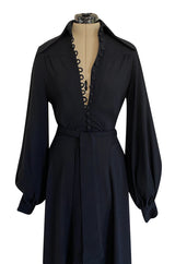 c.1969 Ossie Clark Black Moss Crepe Dress w Bishop Sleeves, Button Front & Dog Ear Collar