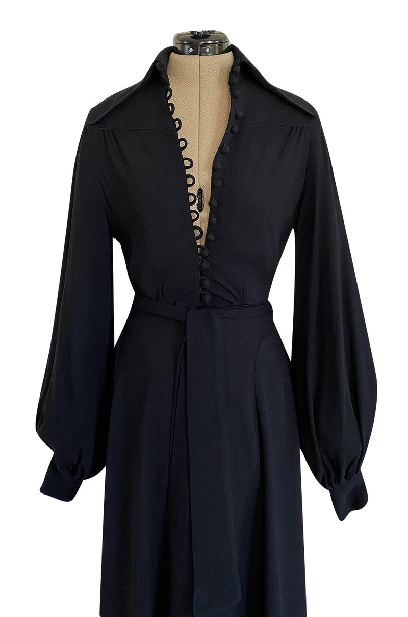 c.1969 Ossie Clark Black Moss Crepe Dress w Bishop Sleeves, Button Front & Dog Ear Collar