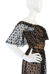 1970s Jean Louis Dotted Net & Silk Off Shoulder Dress