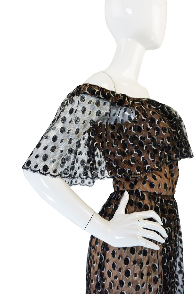 1970s Jean Louis Dotted Net & Silk Off Shoulder Dress