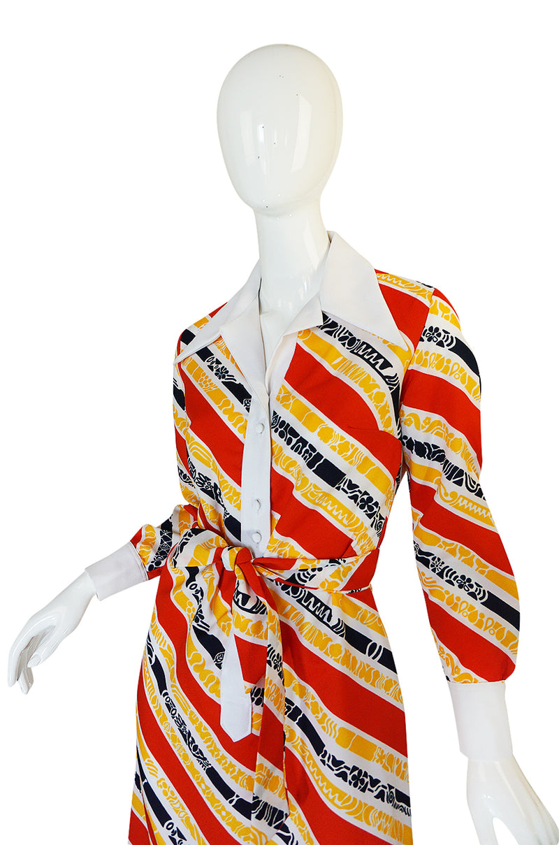 1970s Lanvin Bright Red & Yellow Stripe Printed Shirt Dress
