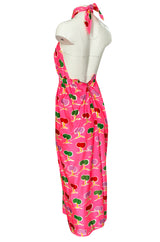 1973 Oscar de la Renta Brilliant Pink Backless Halter Dress w Front Keyhole