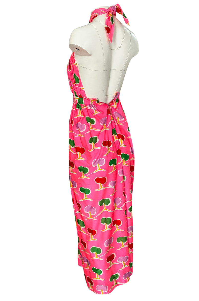 1973 Oscar de la Renta Brilliant Pink Backless Halter Dress w Front Keyhole
