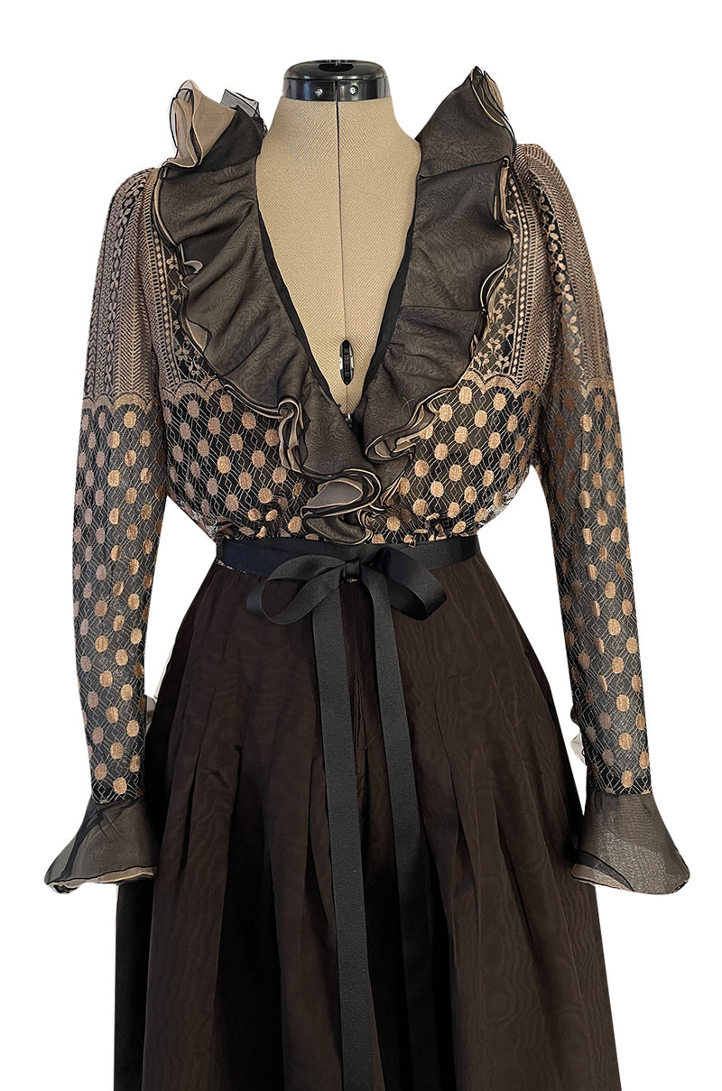 Incredible 1980s Unlabeled Haute Couture Silk Net & Brown Silk Taffeta Plunge Front Dress