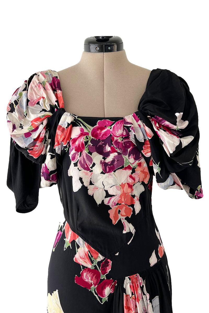 Stunning 1930s Unlabeled Black Silk Crepe Dress w Brilliant Pink & Coral Floral Print