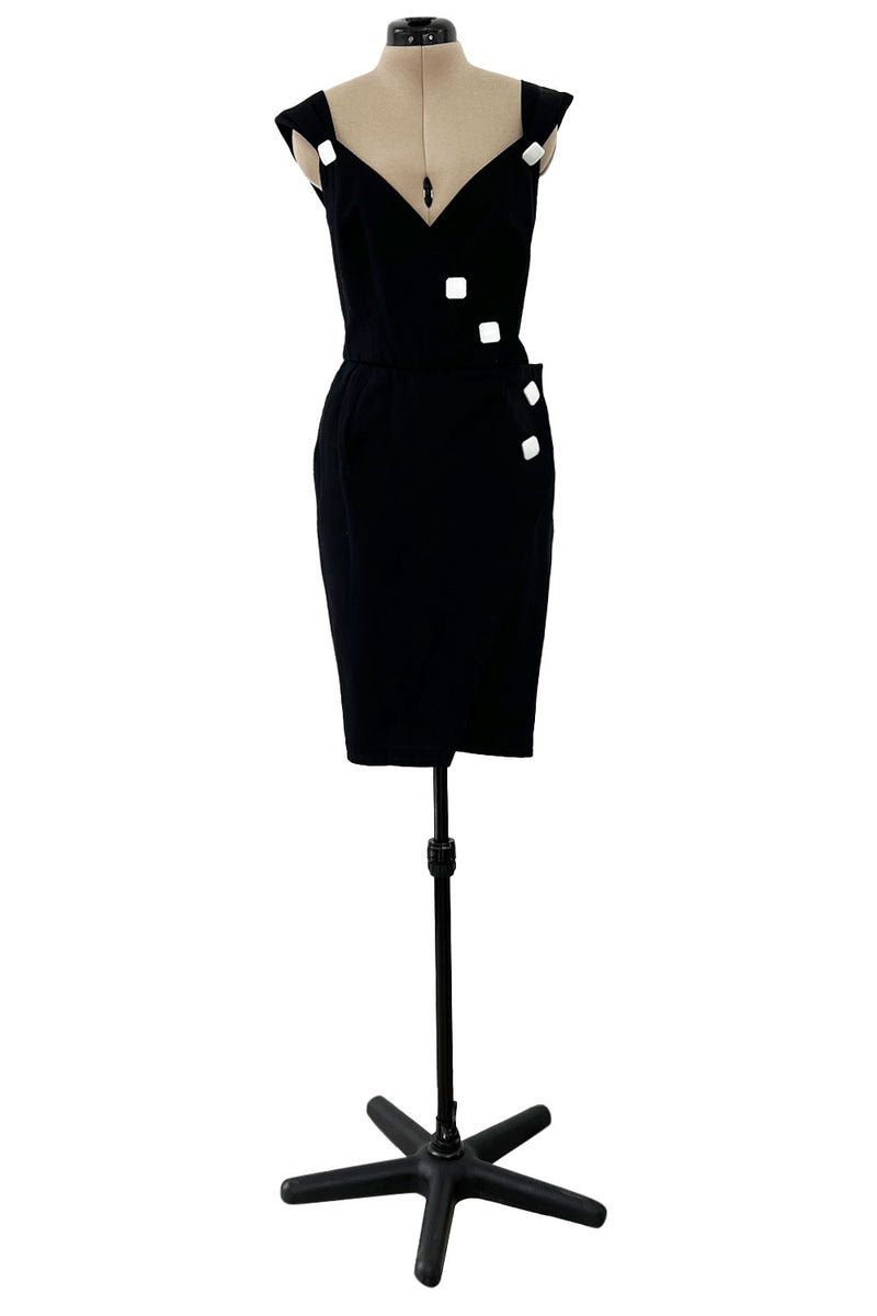 Gorgeous 1990s Yves Saint Laurent Black Cotton Wrap Dress w White Faceted Square Buttons