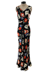 Beautiful 1930s Bias Cut Heavy Silk Satin Floral Print Dress w Scalloped Edged Jacket