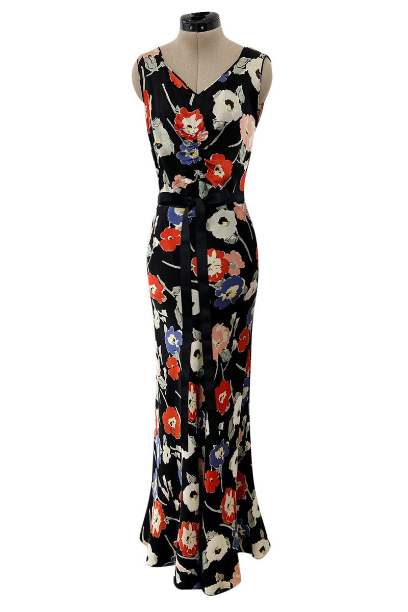 Beautiful 1930s Bias Cut Heavy Silk Satin Floral Print Dress w Scalloped Edged Jacket
