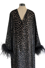 Gorgeous 1990s Valentino Intimo Black Metallic Voided Velvet Feather Cuff Caftan Dress