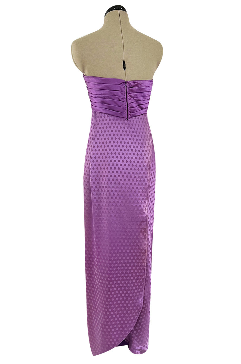 Fall 1985 Emanuel Ungaro Runway Structured Bodice Strapless Dress Made from a Dotted Purple Silk