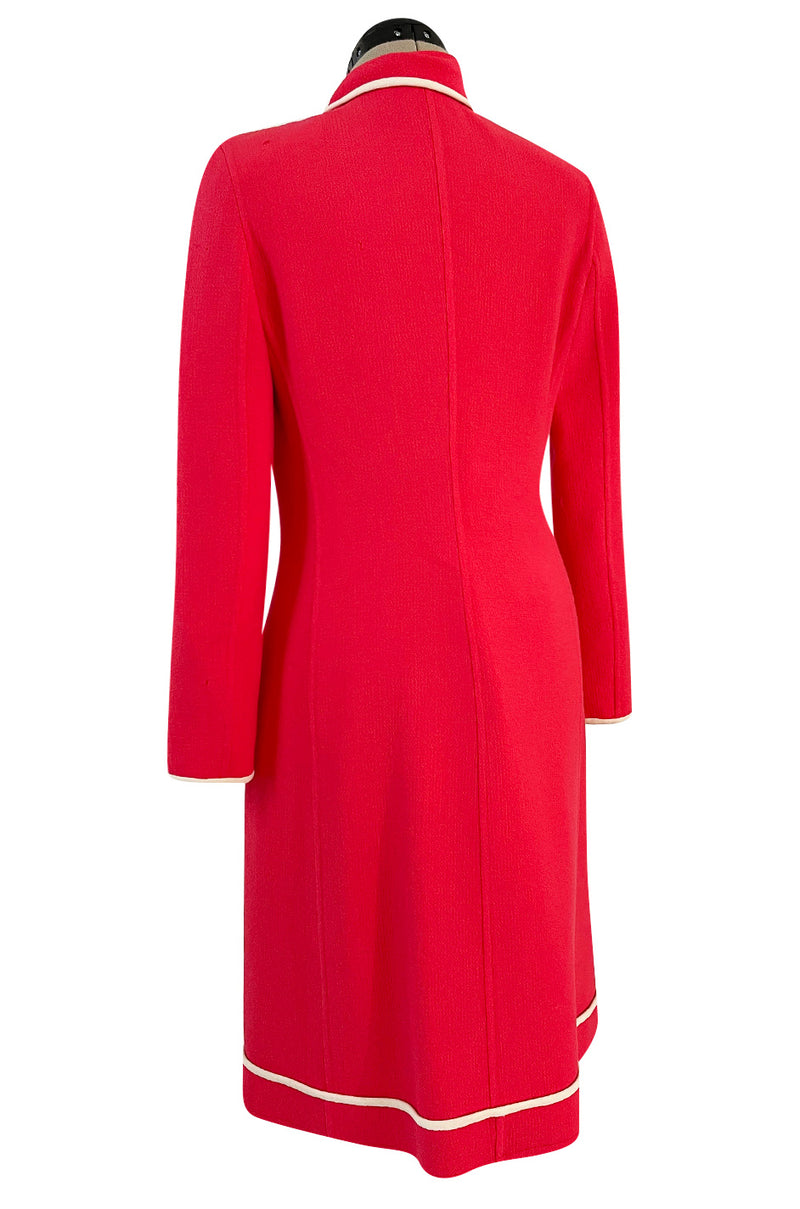 1980s Valentino Textured Wool Long Cut Jacket & Skirt Set in a Vivid Coral w Cream Trim