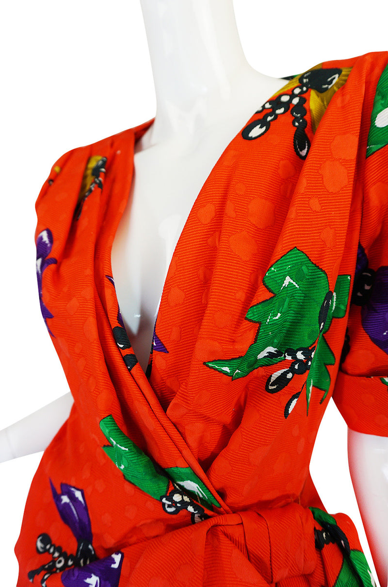 1980s Bow Print Odicini Couture Red Wrap Dress