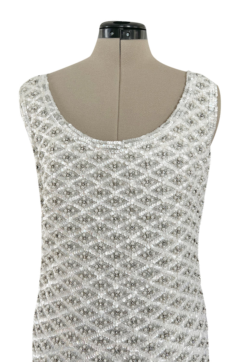 Fabulous 1960s Madeleine de Rauch Haute Couture Pearl White Sequin & Rhinestone Dress