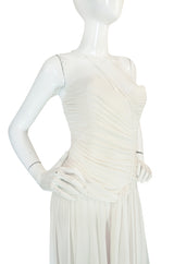 1970s Frank Usher Draped Single Strap White Jersey Dress