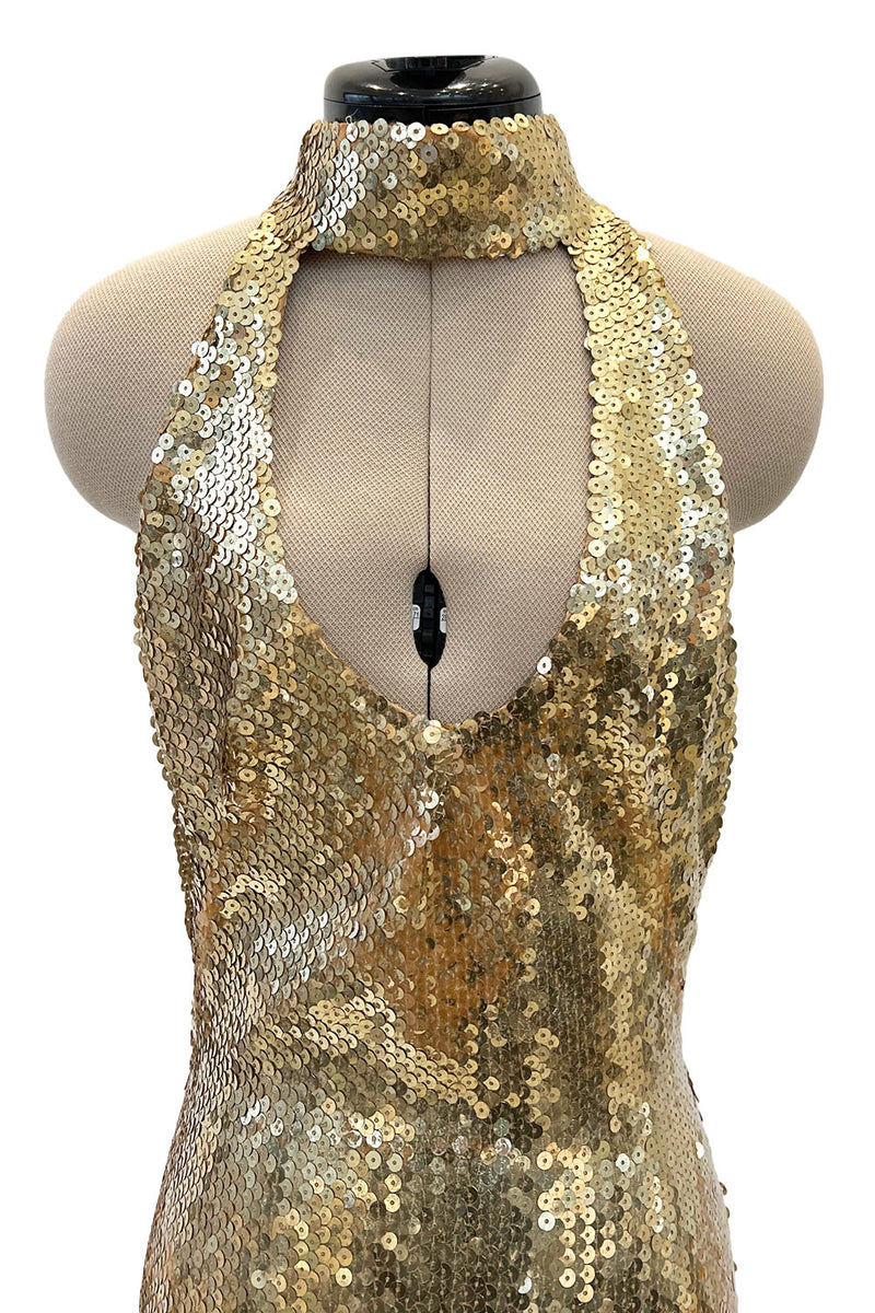 Rare Spring 1973 Loris Azzaro Ad Campaign Documented Gold Metallic Sequin Backless Halter Dress