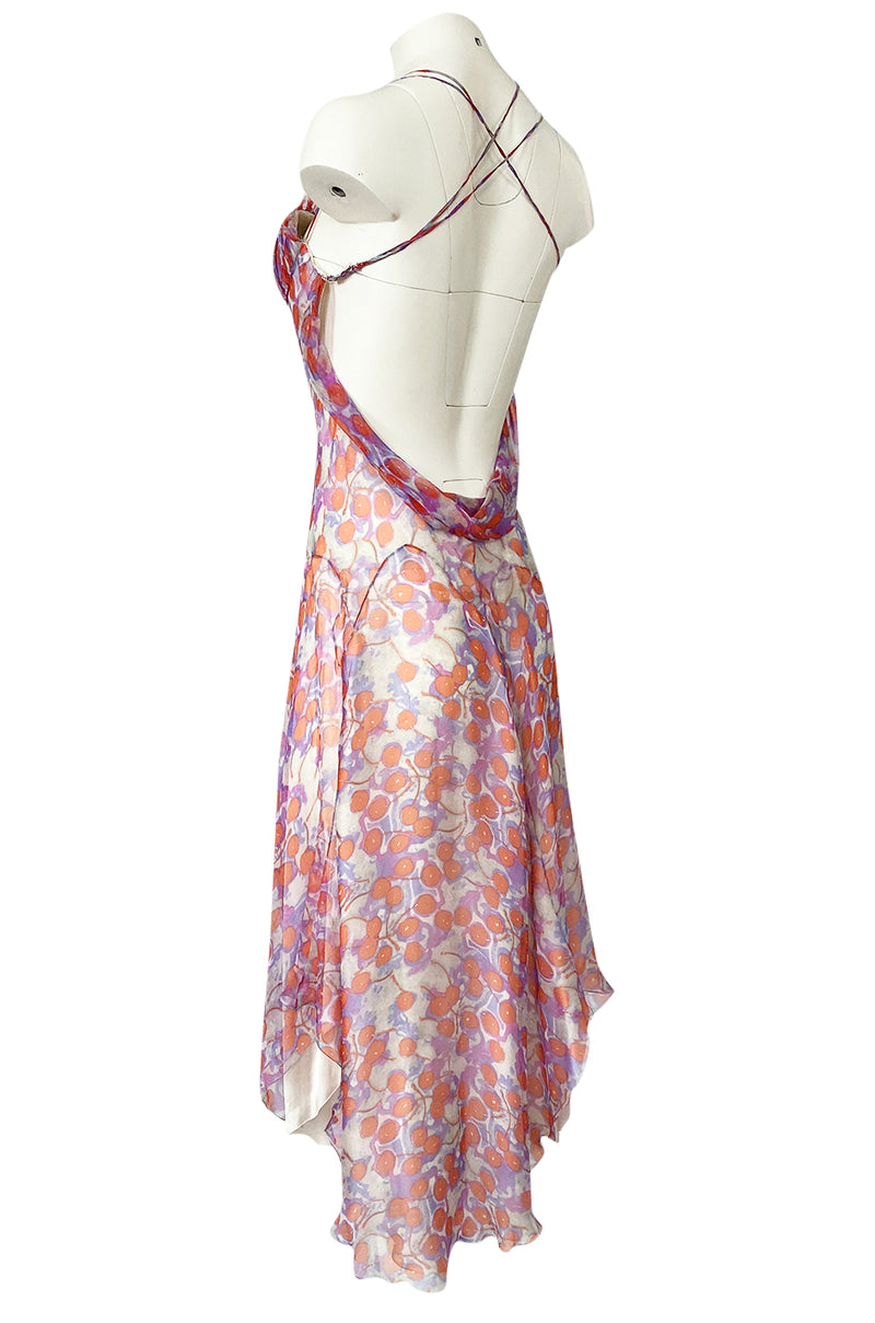 c2003 Alexander McQueen Silk Chiffon Cherry Print Backless Dress