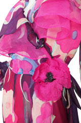 1970s Silk Chiffon & Floral Wrap Dress