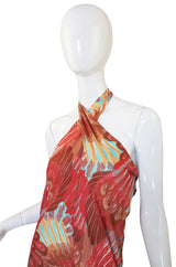 1970s Feather Print John Kloss Halter Dress